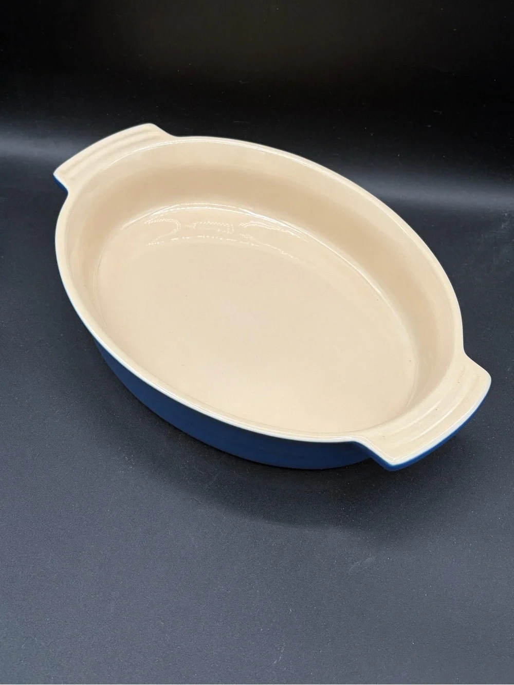 Le Creuset Heritage Stoneware Large Oval Casserole Dish Cobalt Scallop Handles